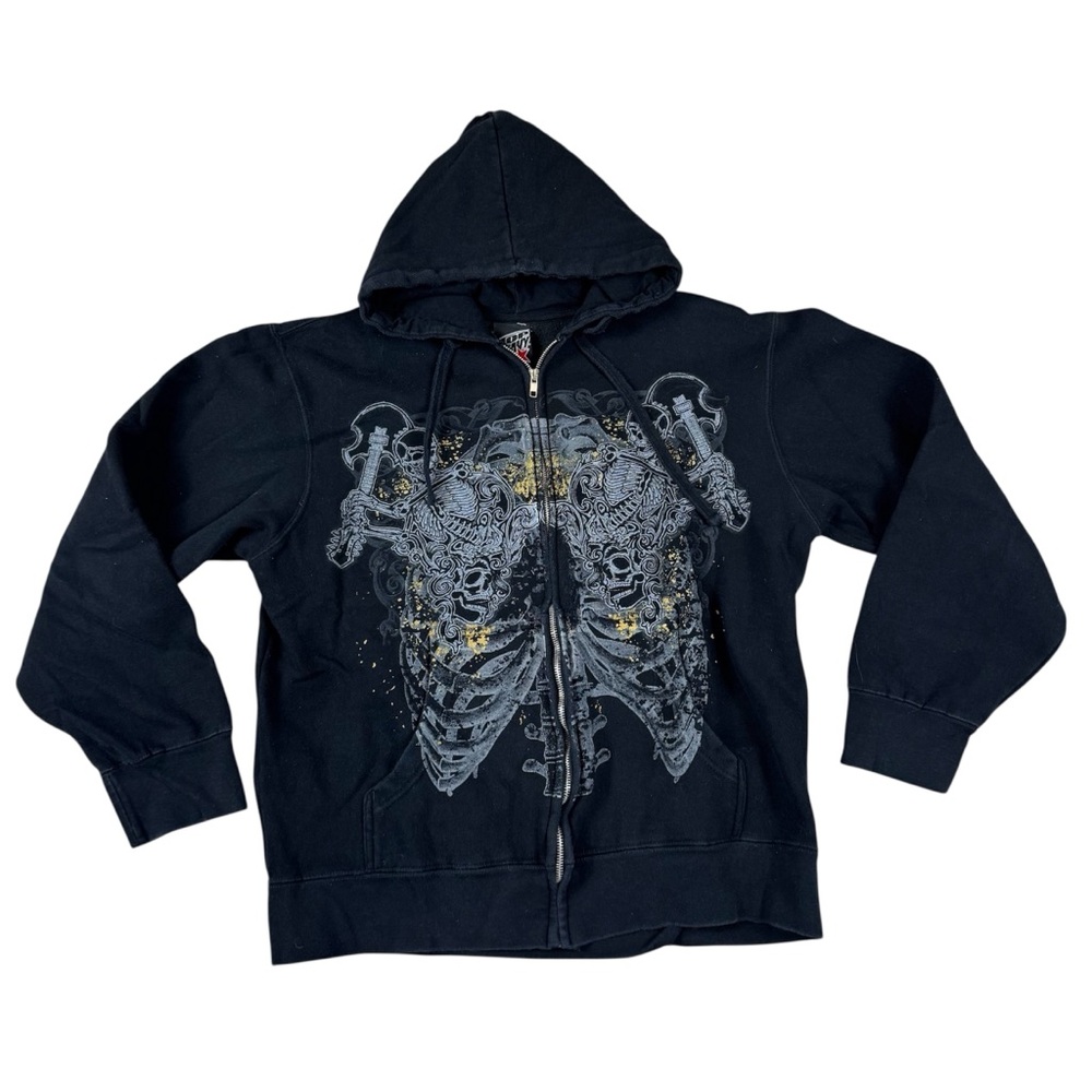 Vintage Y2K Top Heavy Full Zip Hoodie Skulls Bones Black Mens Large JNCO Style